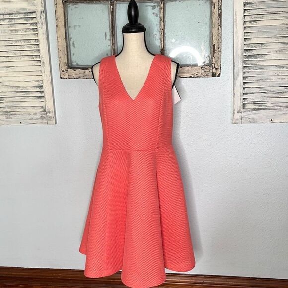 DKNY Womens A Line Sleeveless Waffle Mini Dress Pleated Coral Size 14 NWT - Picture 2 of 13